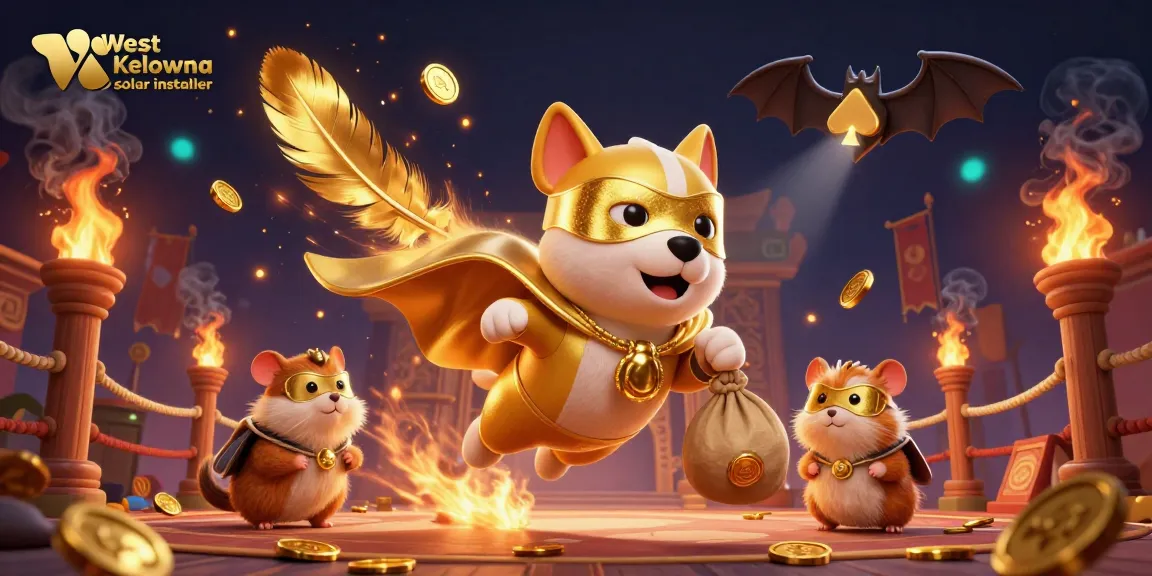 Experience the excitement with a West Kelowna solar installer, as our superhero dog flies with gold coins amidst dynamic casino elements.
