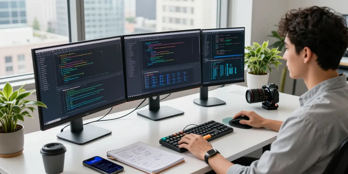 Developer working in modern office on WPS Official Website tools with vibrant coding screens.
