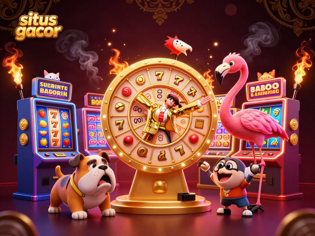 Engage with situs gacor through thrilling slot machine action and a festive game show scene.