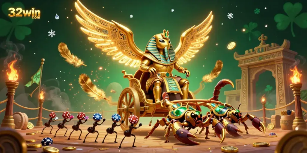 Experience excitement at 32win com with a golden scarab and scorpions in a vibrant casino scene.
