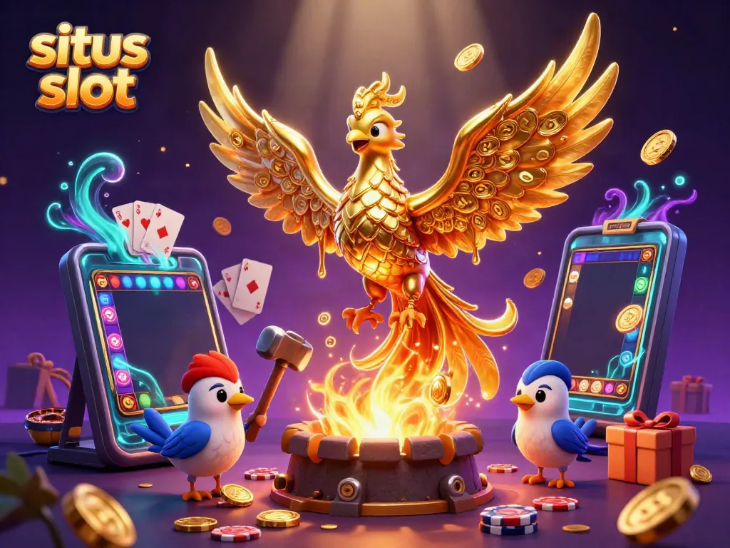 Experience the excitement of situs slot gaming with a dynamic golden phoenix illustration bursting with vibrant casino elements.
