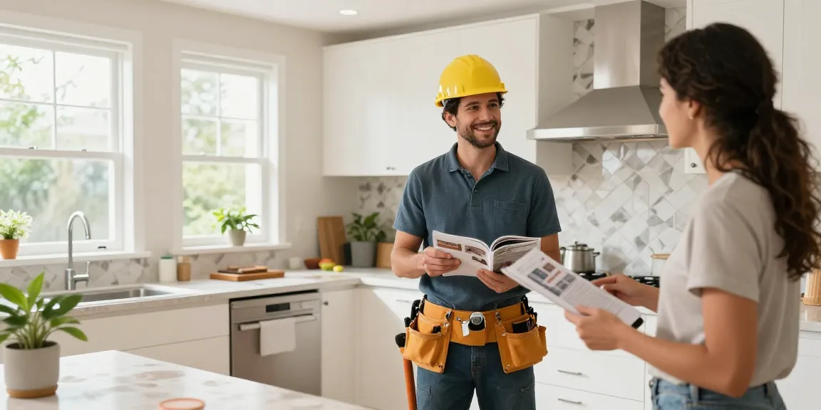 Home renovation services Toronto showcasing a contractor discussing kitchen design ideas in a bright, renovated space with modern appliances and cabinetry.