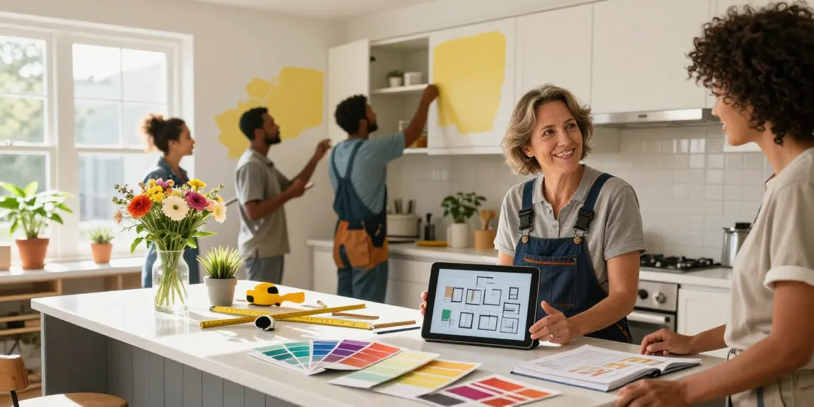 Home renovation services toronto team collaborating in modern kitchen, showcasing renovation plans and vibrant atmosphere.