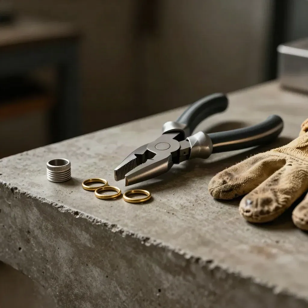 Utility pliers, brass seal rings, calibration cap and folded glove on concrete