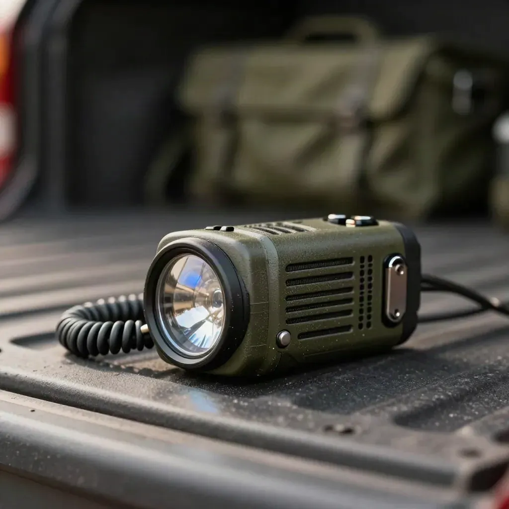 Macro of a utility radio with beacon lens, coiled cord, and belt mount on a truck-bed liner.
