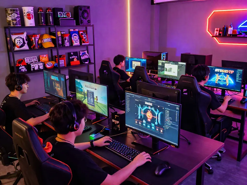 Engaging gaming lounge with players enjoying rokok88 rtp experience, vibrant atmosphere with RGB lighting.