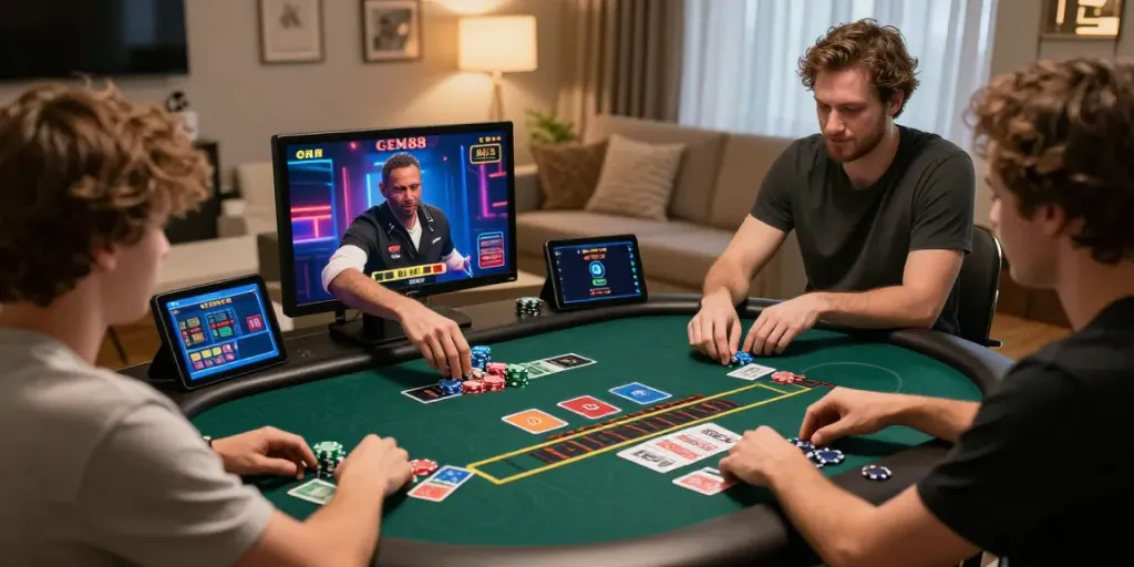 Players enjoying GEM88's exciting live casino games in a cozy home setting.