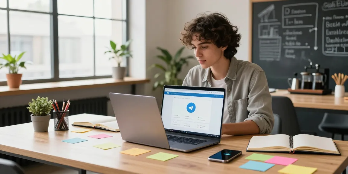 Using the Telegram Web Version on a sleek laptop in a collaborative workspace with colorful sticky notes and coffee.
