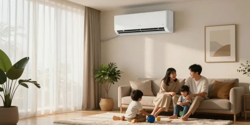 Cozy living room with family enjoying comfort from a split ac unit installed on the wall.
