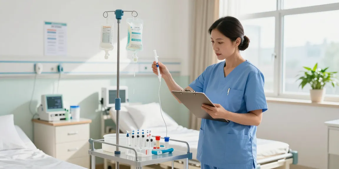 Nurse preparing IV supplies in a modern hospital room, showcasing a clean and organized healthcare environment.