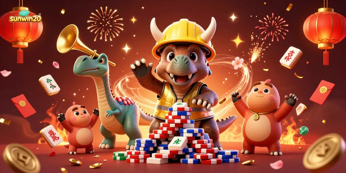 Engage with sunwin20 as the cheerful triceratops builds poker chip pyramids amidst joyous festivities.