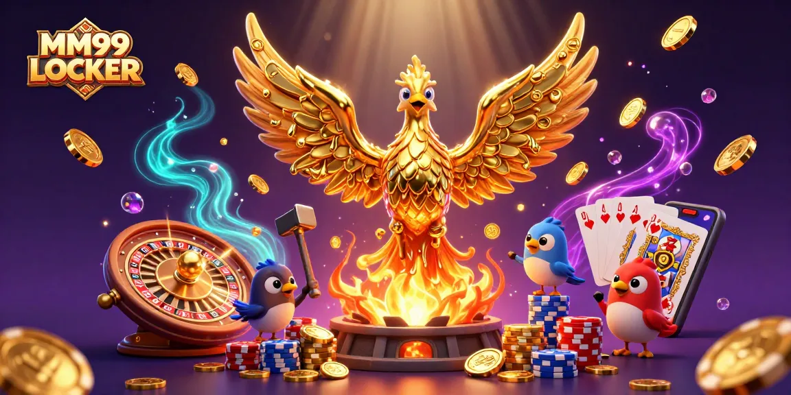 MM99 LOCKER offers thrilling gaming experiences with golden coins, vibrant poker chips, and dynamic slot reels.