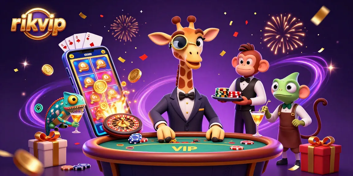 Engaging scene with rikvip's high-roller giraffe at poker, monkey valet, and chameleon bartender among casino elements.